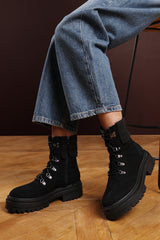 Sable Black Suede Lace-Up Ankle Boots with Faux Fur Trim and Chunky Sole