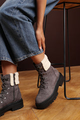 Yalina Grey Suede Lace-Up Ankle Boots with Faux Fur Lining and Chunky Sole