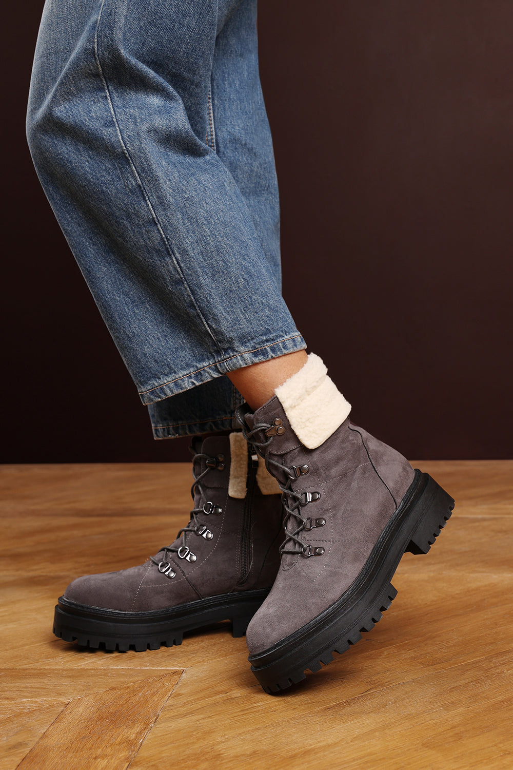 Yalina Grey Suede Lace-Up Ankle Boots with Faux Fur Lining and Chunky Sole