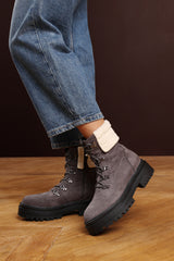 Yalina Grey Suede Lace-Up Ankle Boots with Faux Fur Lining and Chunky Sole