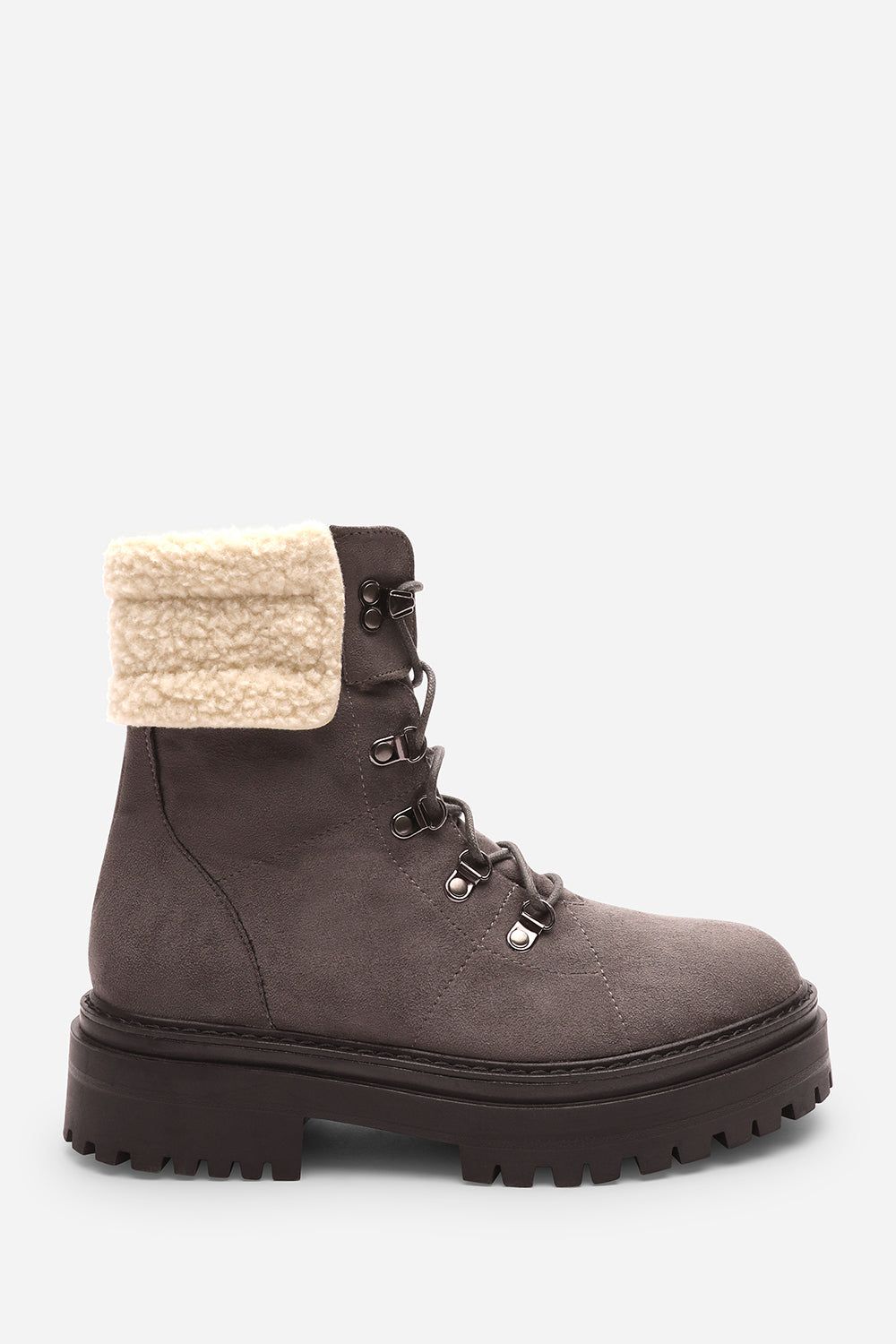 Yalina Grey Suede Lace-Up Ankle Boots with Faux Fur Lining and Chunky Sole