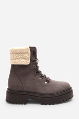 Yalina Grey Suede Lace-Up Ankle Boots with Faux Fur Lining and Chunky Sole