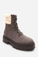 Yalina Grey Suede Lace-Up Ankle Boots with Faux Fur Lining and Chunky Sole