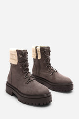 Yalina Grey Suede Lace-Up Ankle Boots with Faux Fur Lining and Chunky Sole