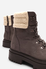 Yalina Grey Suede Lace-Up Ankle Boots with Faux Fur Lining and Chunky Sole