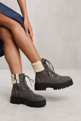 LUNA LACE UP ANKLE BOOT WITH SHERPA TRIM AND CHUNKY SOLE IN GREY SUEDE