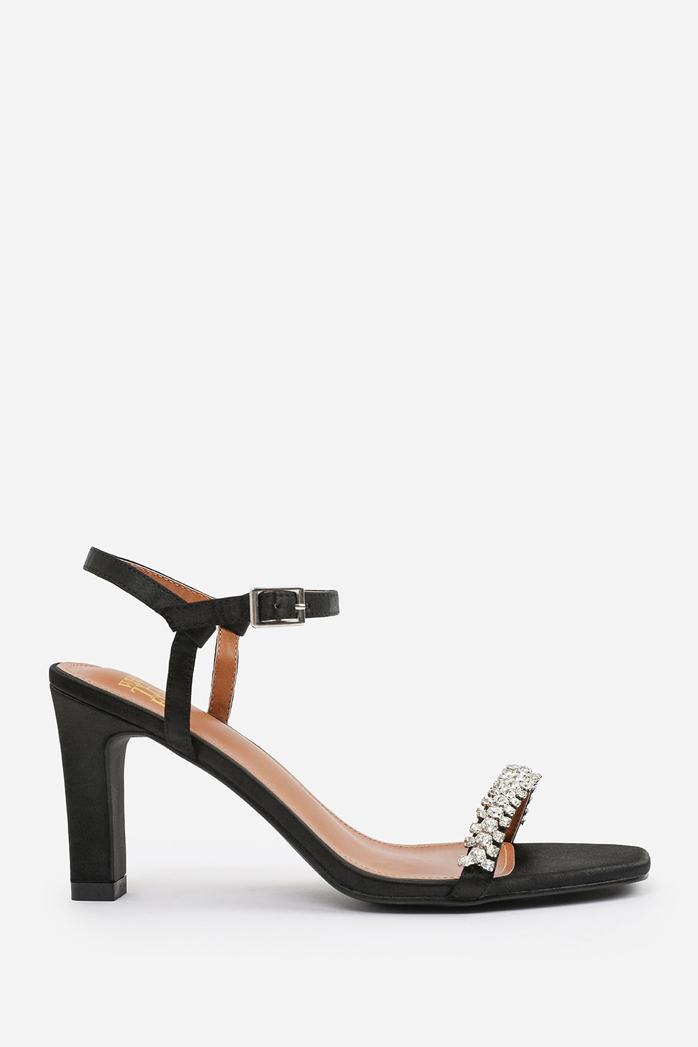 NALA WIDE FIT DIAMANTE EMBELLISHED STRAPPY BLOCK HEEL IN BLACK SATIN