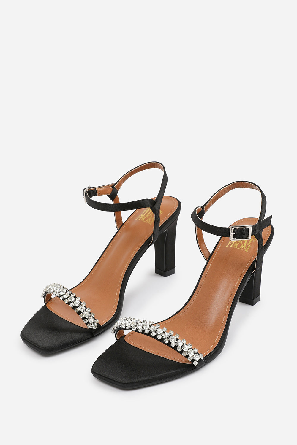 NALA WIDE FIT DIAMANTE EMBELLISHED STRAPPY BLOCK HEEL IN BLACK SATIN