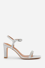 NALA DIAMANTE EMBELLISHED STRAPPY BLOCK HEEL IN SILVER SATIN