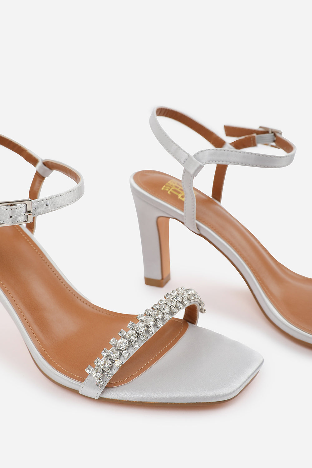 NALA WIDE FIT DIAMANTE EMBELLISHED STRAPPY BLOCK HEEL IN SILVER SATIN