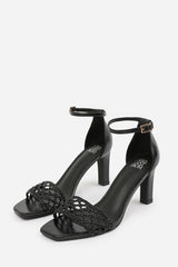 NAIA BRAIDED STRAPPY BLOCK HEEL ADJUSTABLE BUCKLE IN BLACK CRINKLE FAUX LEATHER