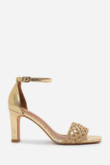 NAIA BRAIDED STRAPPY BLOCK HEEL ADJUSTABLE BUCKLE IN GOLD CRINKLE FAUX LEATHER