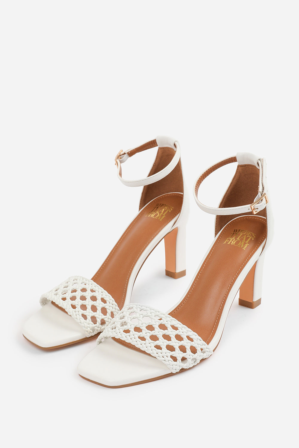 Tavina White Braided Front Strap Block Heels