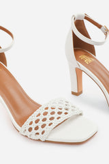 Tavina White Braided Front Strap Block Heels