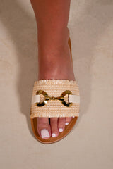 JORDYN SINGLE BAND SLIDER SANDALS WITH BUCKLE IN BEIGE