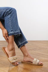 Callie Nude Flat Sandals With Pearl And Gold Chain Embellishment
