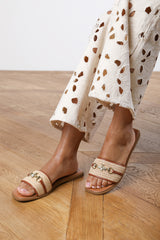 Callie Tan Flat Sandals With Pearl And Gold Chain Embellishment