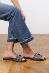 FRANKII STRAP SANDAL WITH FRONT STRAW STRAP LOCK DETAIL IN BLACK