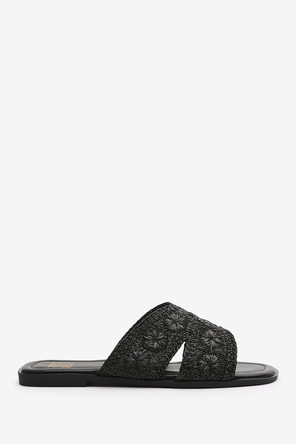 ALASKA WOMEN'S JUTE FLORAL EMBROIDERY FLAT SANDALS IN BLACK RAFFIA