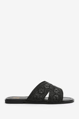 ALASKA WOMEN'S JUTE FLORAL EMBROIDERY FLAT SANDALS IN BLACK RAFFIA