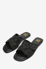 ALASKA WOMEN'S JUTE FLORAL EMBROIDERY FLAT SANDALS IN BLACK RAFFIA