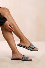 ZOEY ADJUSTABLE SINGLE BAND FLAT SLIDER SANDALS IN GREY FAUX LEATHER