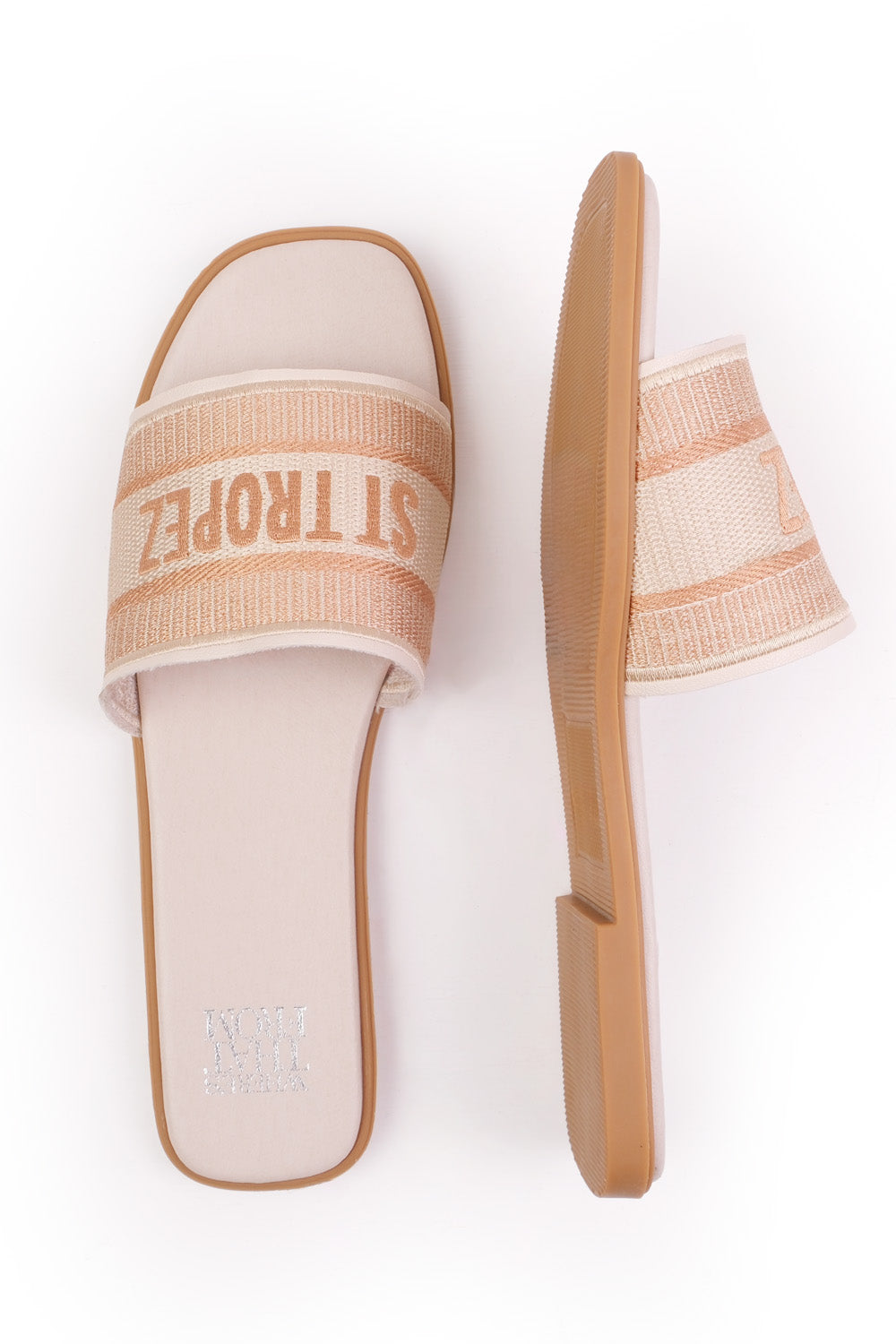FELICIDA TEXTILE STRAP SLIP ON SANDALS IN CREAM FAUX LEATHER