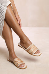 FELICIDA TEXTILE STRAP SLIP ON SANDALS IN CREAM FAUX LEATHER