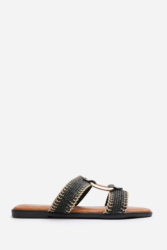 Kiara Black Woven Two-Strap Sandals with Metallic Ring Detail