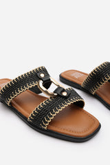 Frankie Women’s Flat Raffia Strap Sandals In Black