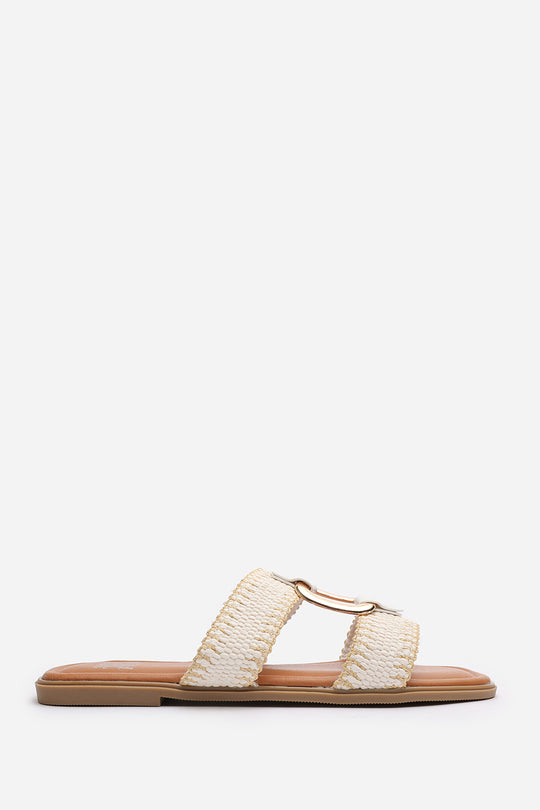 Kiara White Woven Two-Strap Sandals with Metallic Ring Detail