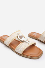 Frankie Women’s Flat Raffia Strap Sandals In White