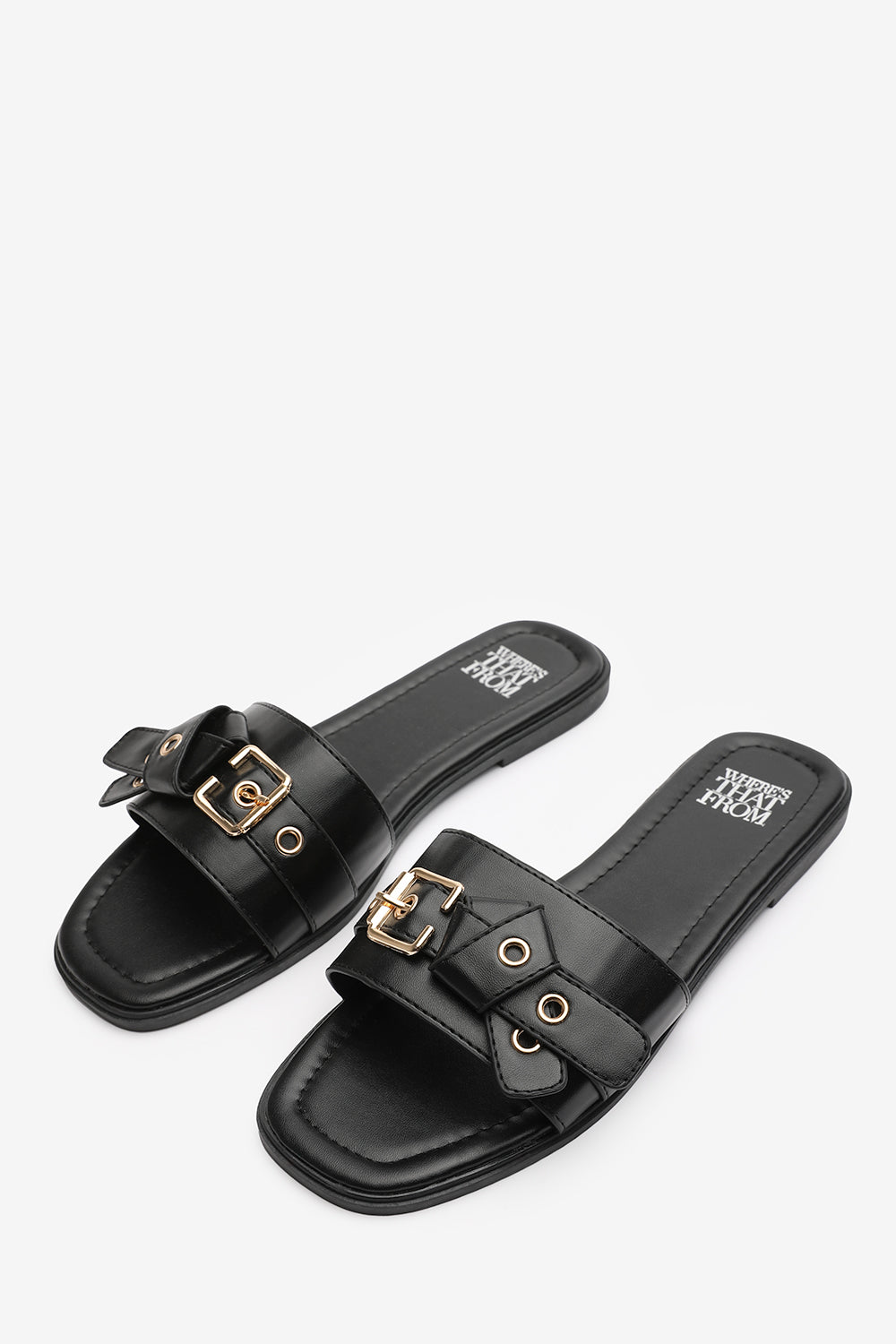 Karena Black Buckle Trim Detail Flat Slider Sandals