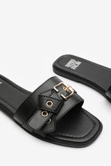 Karena Black Buckle Trim Detail Flat Slider Sandals