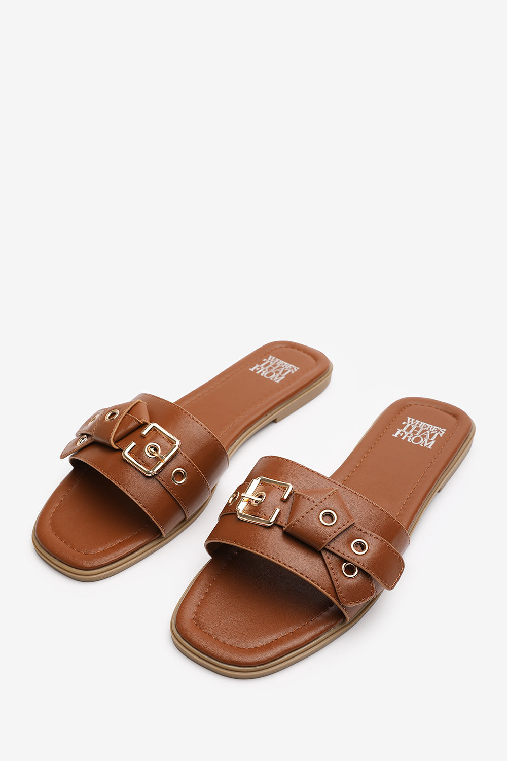 Karena Tan Buckle Trim Detail Flat Slider Sandals