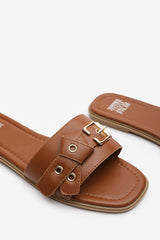 Karena Tan Buckle Trim Detail Flat Slider Sandals