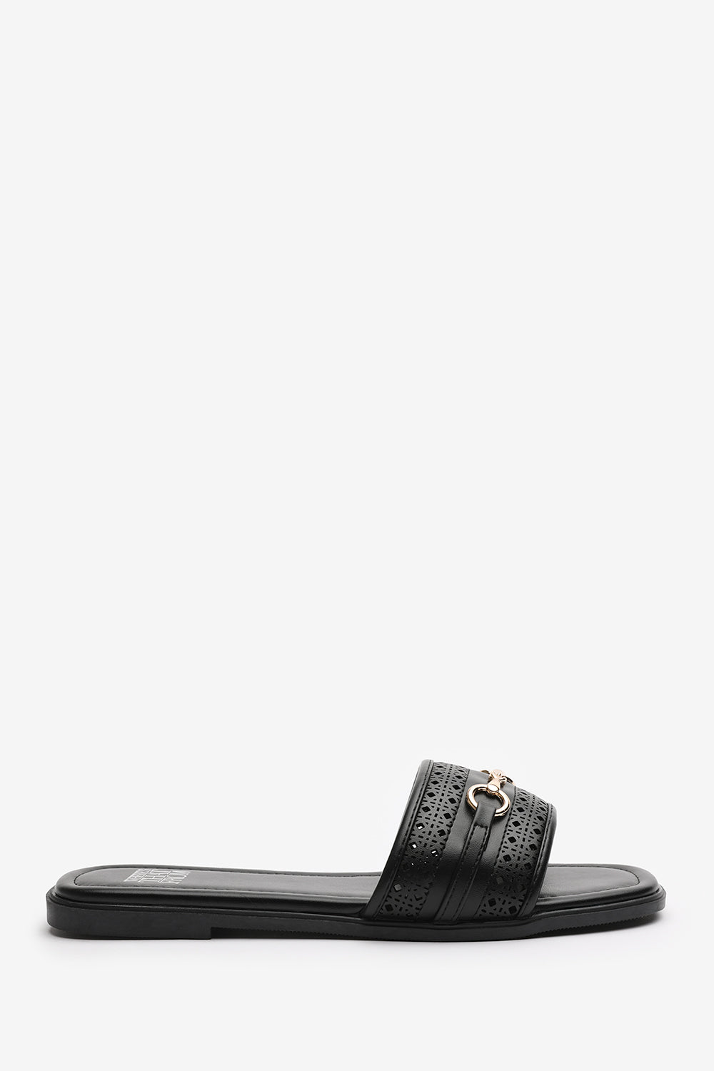 Sorena Black Buckle Trim Detail Flat Slider Sandals
