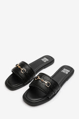 Sorena Black Buckle Trim Detail Flat Slider Sandals