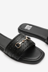 Sorena Black Buckle Trim Detail Flat Slider Sandals