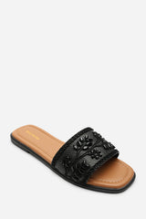 Karter Embellished Canvas Black Slide On Sandals