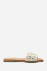 Karter Embellished Canvas Cream Slide On Sandals
