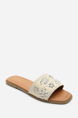 Karter Embellished Canvas Cream Slide On Sandals