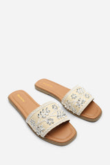 Karter Embellished Canvas Cream Slide On Sandals