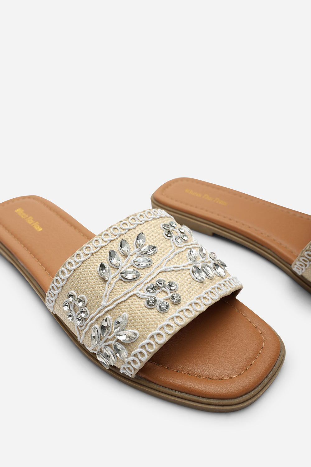 Karter Embellished Canvas Cream Slide On Sandals