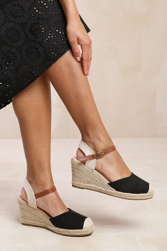 BLAKELY LOW WEDGE ESPADRILLE SANDALS WITH CLOSE TOE IN BLACK SUEDE