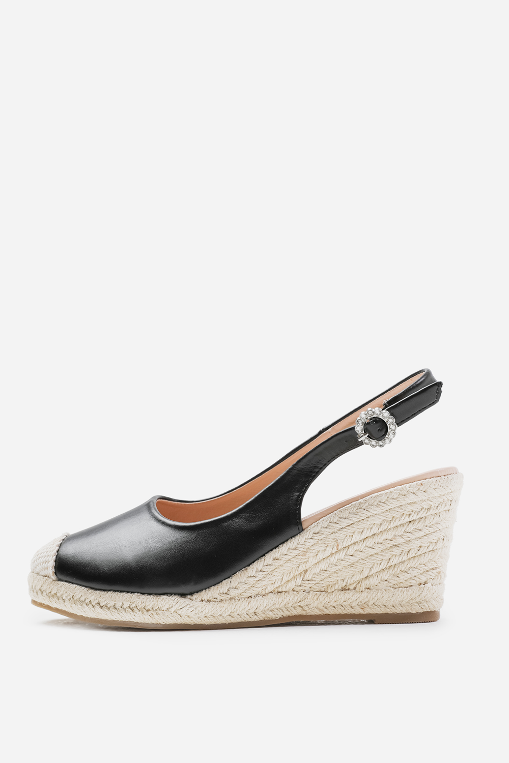 NEVADA SLINGBACK WITH DIAMANTE FLOWER BUCKLE ESPADRILLE WEDGES IN BLACK FAUX LEATHER