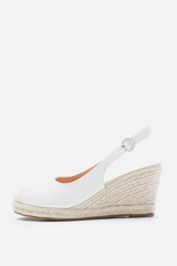 NEVADA SLINGBACK WITH DIAMANTE FLOWER BUCKLE ESPADRILLE WEDGES IN WHITE FAUX LEATHER