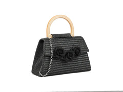 RATANA SMALL CROSS SHOULDER BAG WITH WOODEN HANDLE IN BLACK