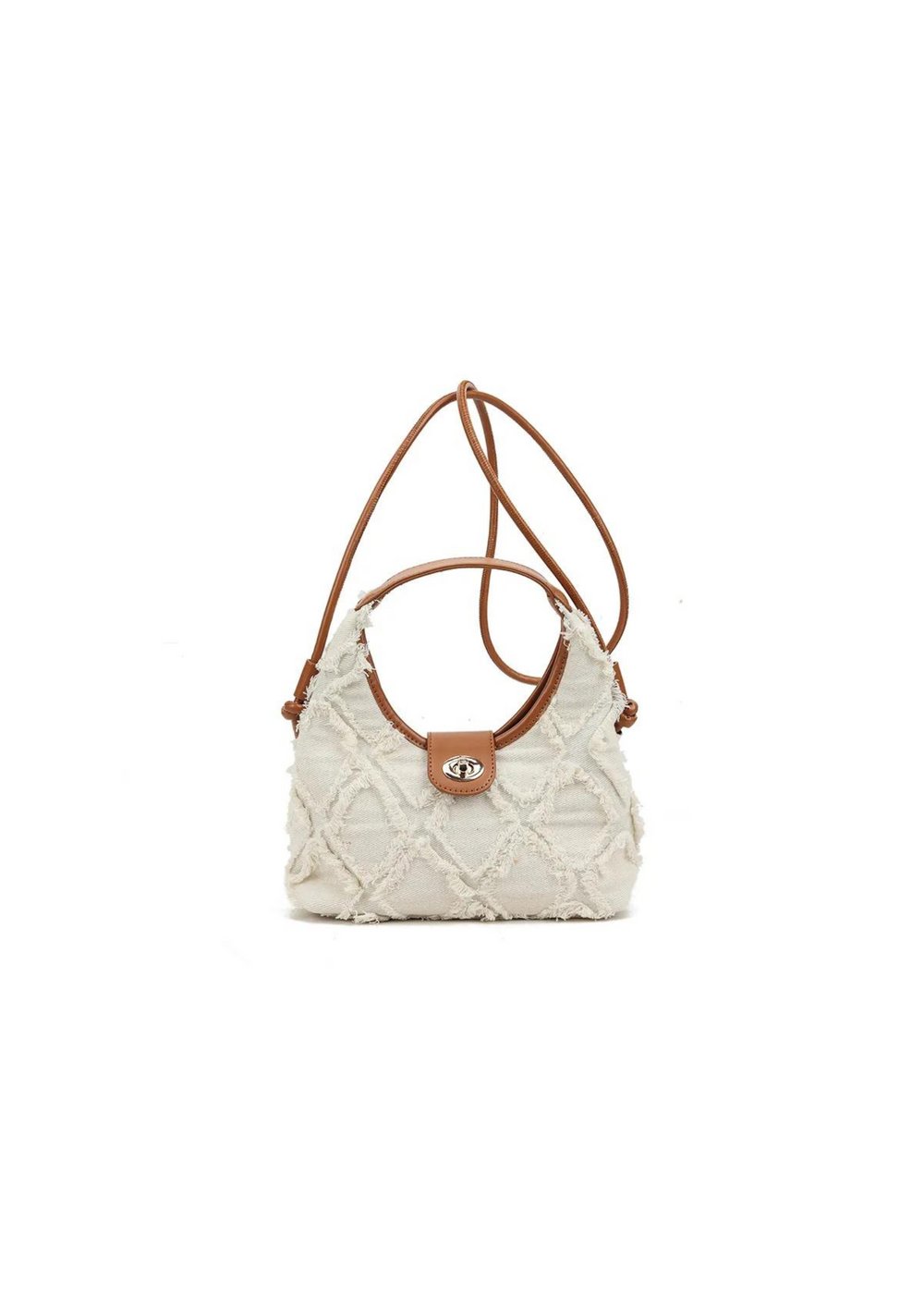 SCUBA TOP HANDLE BAG WITH RECTANGULAR FRINGE STITCHED DETAIL IN BEIGE DENIM