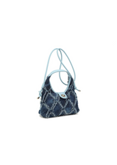 SCUBA TOP HANDLE BAG WITH RECTANGULAR FRINGE STITCHED DETAIL IN BLUE DENIM